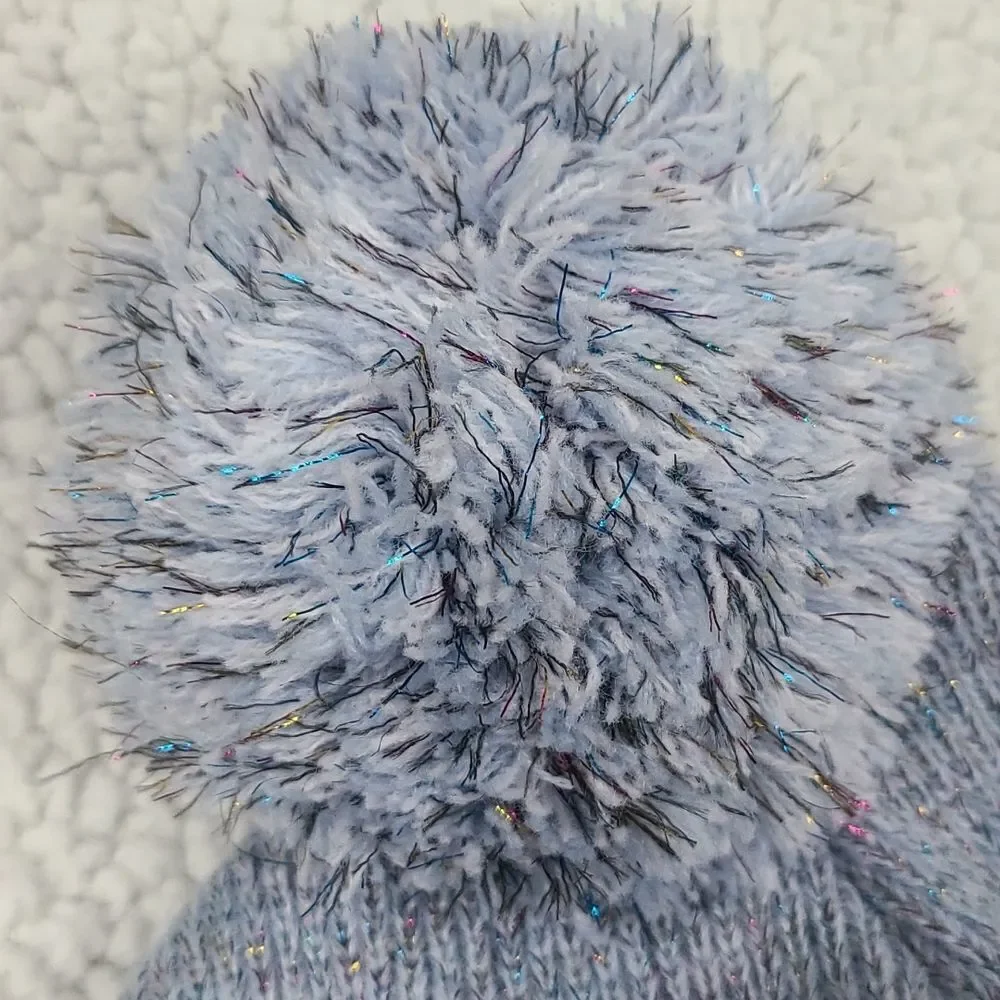 UNICORN Embroidered Light Blue Fuzzy Pom Pom Beanie Knit Winter Hat One Size NEW